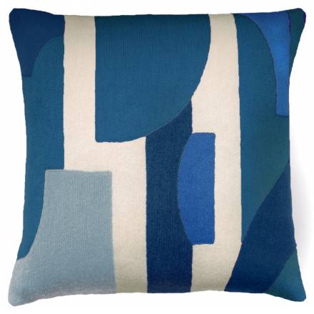 Judy Ross Textiles Hand-Embroidered Chain Stitch Composition 18x18 Tropical Blue Throw Pillow cream/azure/powder blue/marine